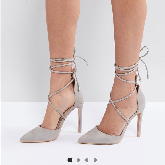 Velvet Light Grey Lace Up Pumps - Picture 2 of 8